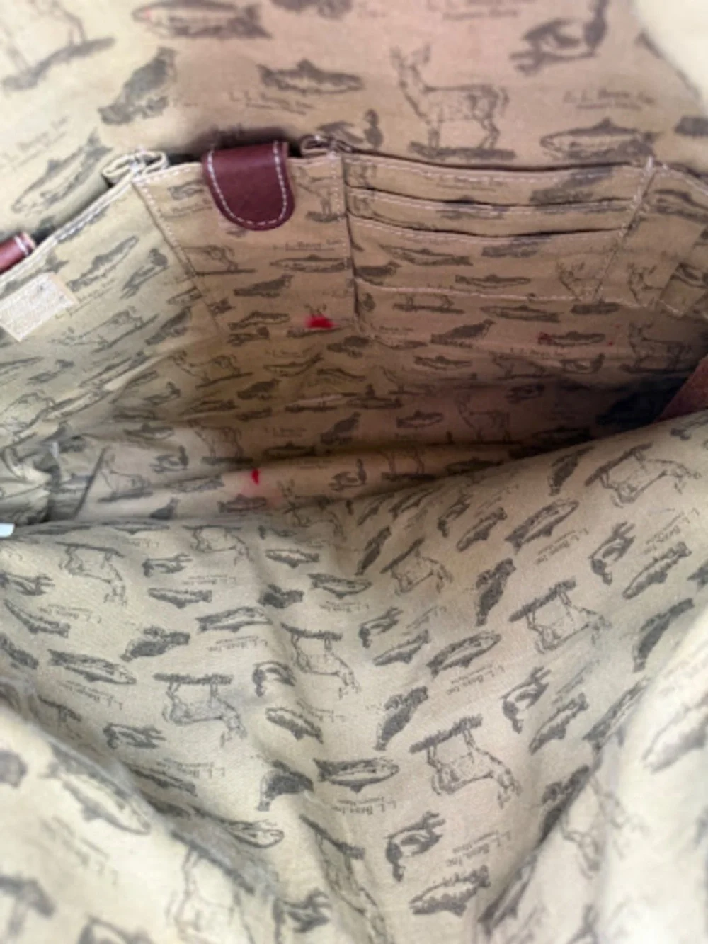 Vintage L.L. Bean Distressed Leather Tote Bag Fish Duck Print Lining